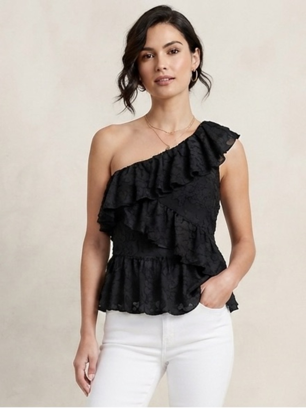 Blush Noir One Shoulder Tiered Overly Top